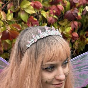srebrny diadem z różowymi kryształkami korona tiara ametyst studio agata marglewska